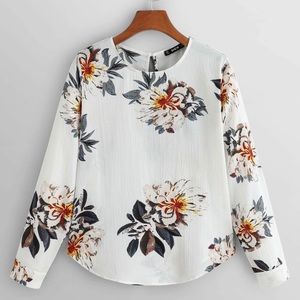 SHEIN White Floral Tie Back Keyhole Blouse Top Med